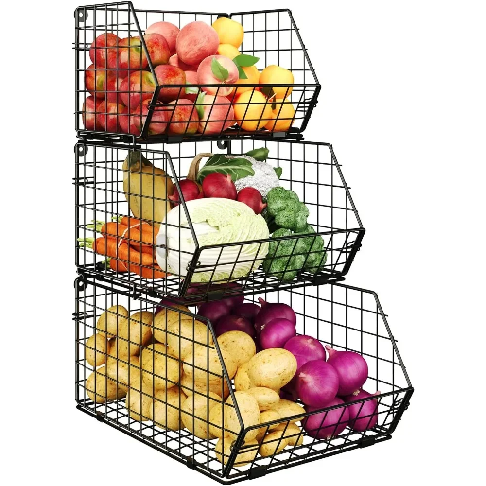 3-layer stackable wire basket for organizing and storing in the pantry, fruit and vegetable storage basket