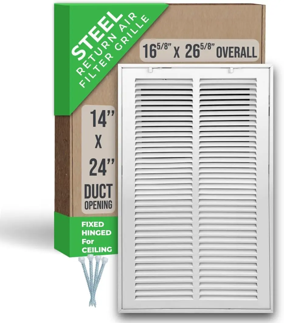 

Steel Return Air Filter Grille for 14x24 Duct Opening, Fixed Hinged Design, White Vent Cover for Sidewall/Ceiling