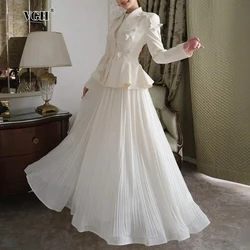 VGH Temperament Skirts Suits For Women V Neck Long Sleeve Butterfly Tunic Coats High Waist Pleated Skirt Solid Set Female New
