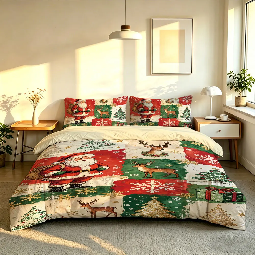 3‑Pieces Retro Christmas Santa Moose Print Bedding Set Without Filler Duvet Cover 2 Pillowcases Soft Comfortable Machine Wash