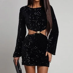 Fashion Shiny Sequins Velvet A-Line Dress Elegant O-neck Hollow Out Mini Party Dress Casual Long Sleeve Solid Slim Short Dresses