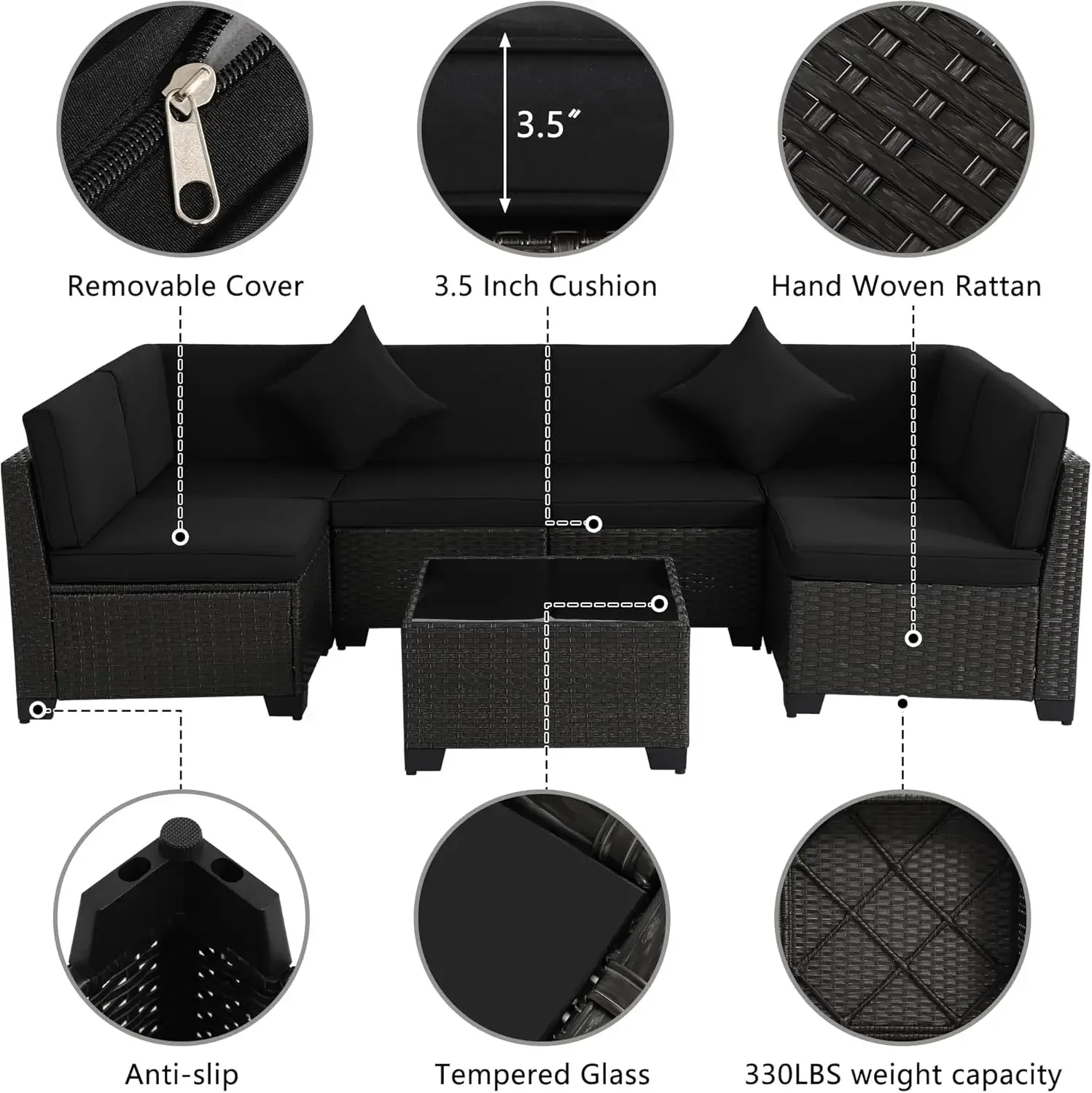 [무료 배송, 특가! ]파티오 가구 세트, 7피스 모듈식 야외 단면 소파, PE 라탄 파티오 대화 세트, 모든 날씨에 적합