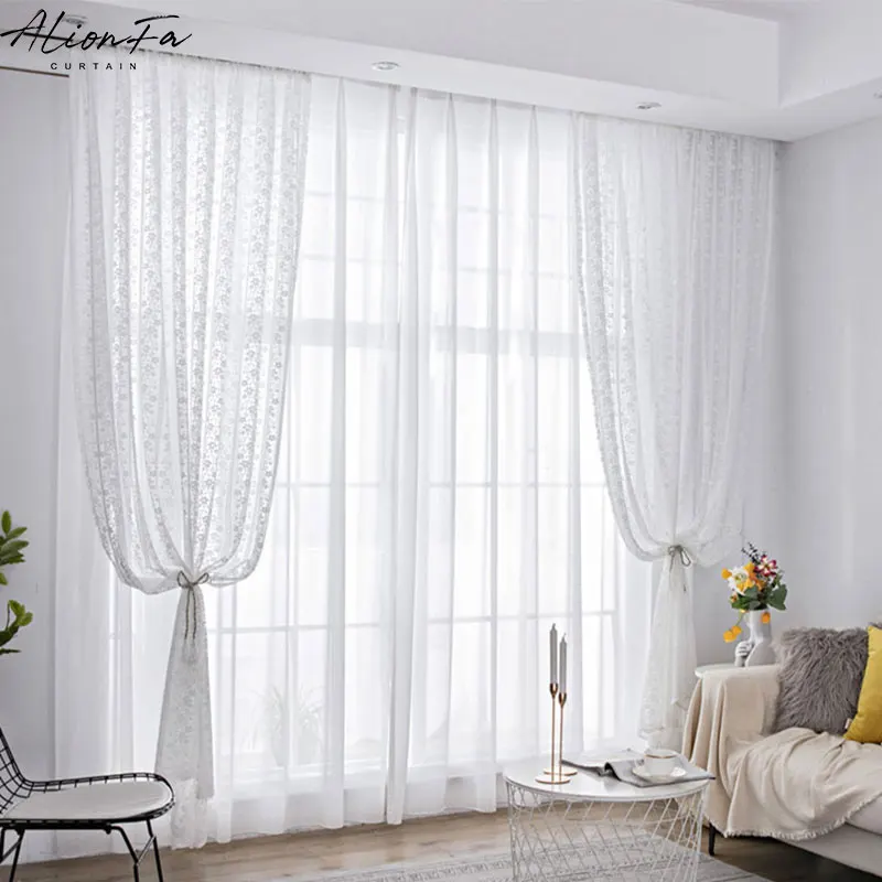 White Lace Sheer Curtains for Living Room Window, Floral Tulle Voile Curtain for Bedroom, Kitchen Drapes Home Decor Korean Style