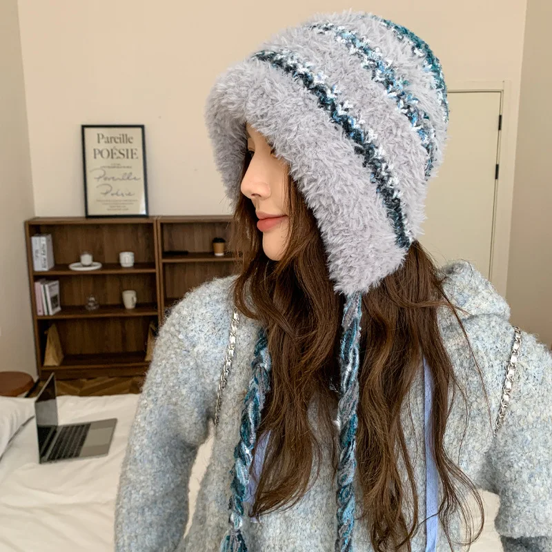 

Зимняя женская шапка на флисовой подкладке, утепленная шапка с защитой от холода, милая вязаная шерстяная термокрасочная шапка