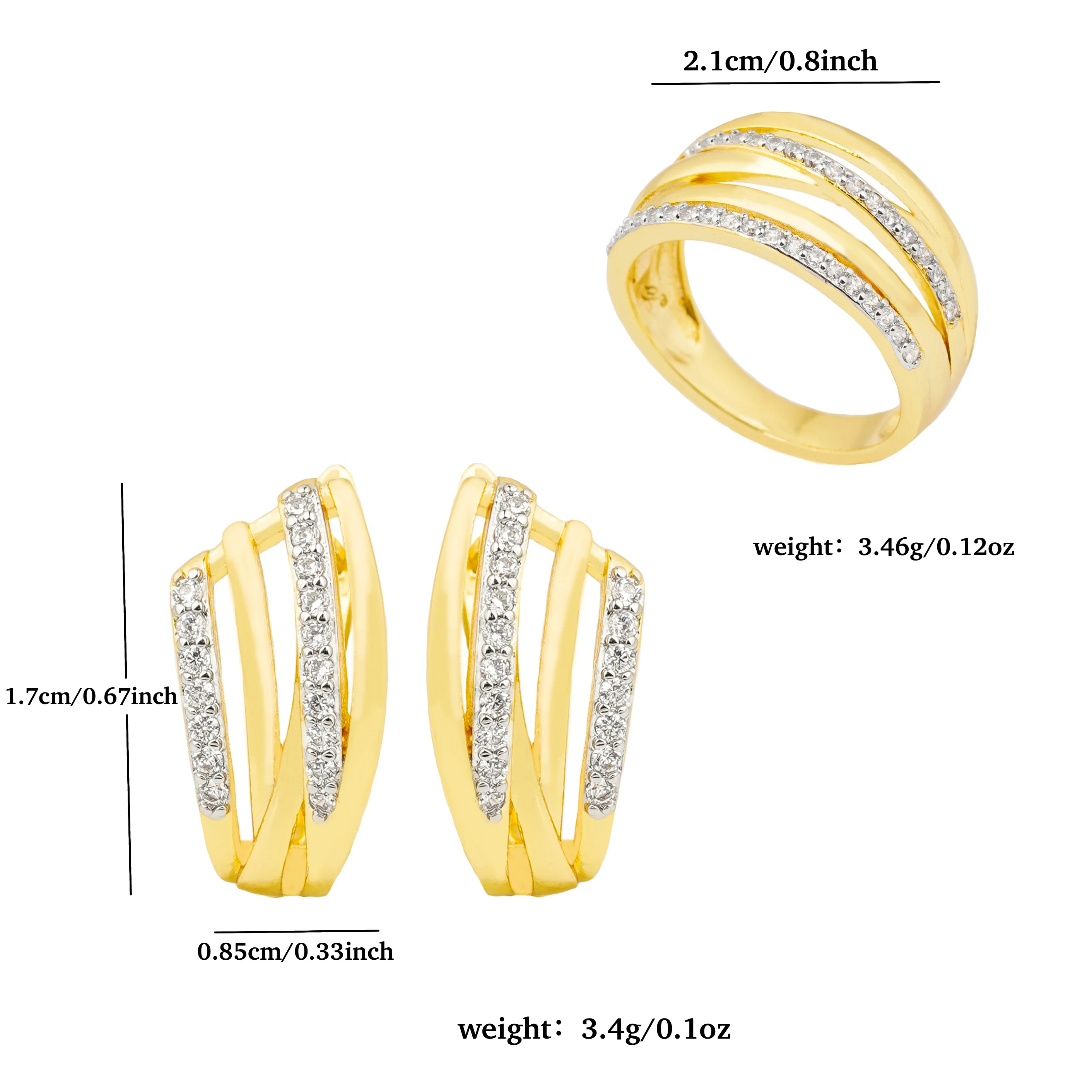 LUYIN Classical Style Hollow Brilliant Inlaid Zirconia Earrings Ring Women\'s Set Copper Plated 14K 2 Tone Party Valentine\'s Gift