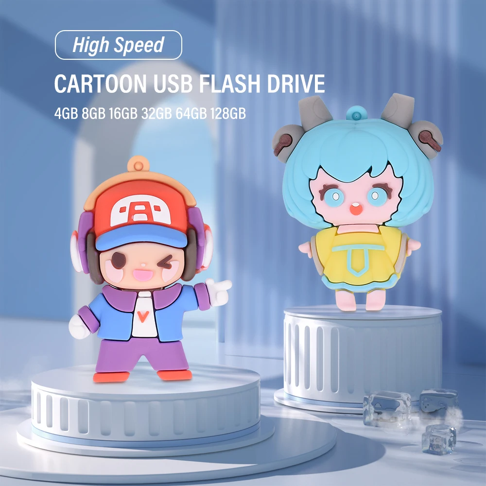 JASTER Cute Cartoon USB Flash Drive 128GB Doll Silica Gel Memory Stick 64GB Waterproof Pen Drive 32GB Free Key Chain U Disk 16GB