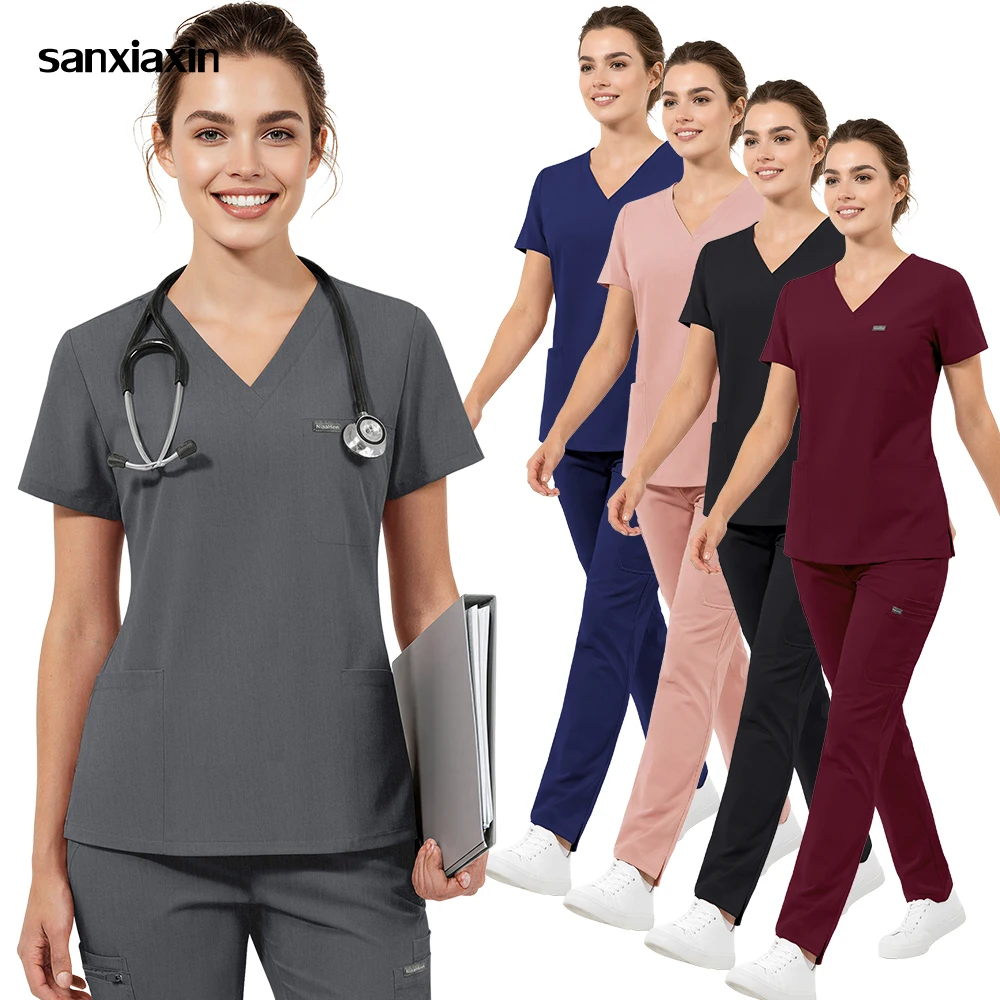 

Медицинский костюм унисекс для женщин и мужчин: топ с V-образным вырезом и прямые брюки. Комплект униформы для врачей, стоматологов, медсестер, аптек и клиник.