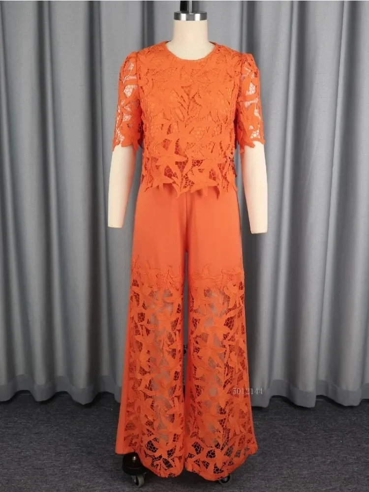 Fashion Lace Hollow Out 2 Piece Set Women Short Sleeve Top See Through Wide Leg Pants Suit Elegant Casual Cocktail Party Outfits