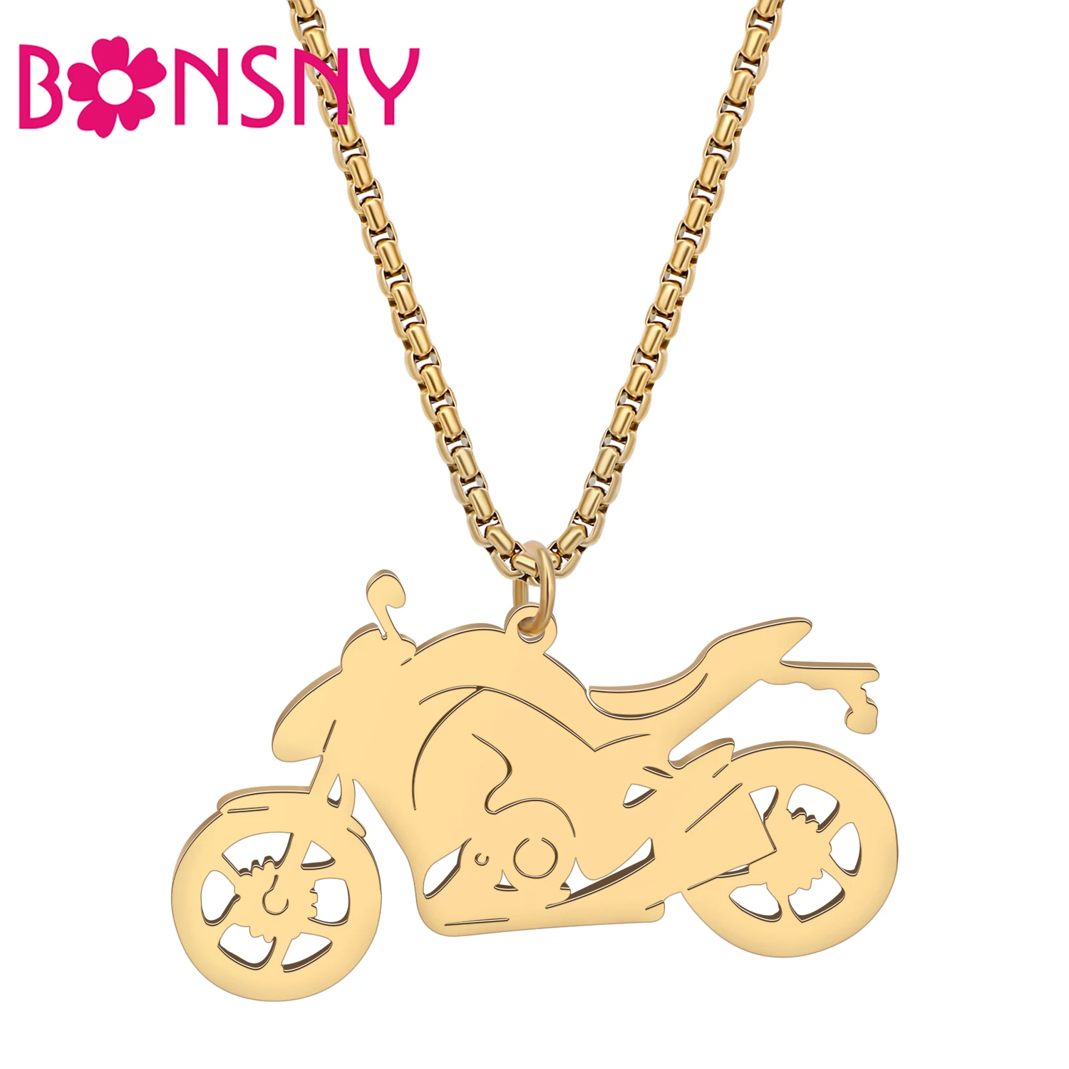 BONSNY Silver-Plated Gold Motorcycle Pendant Traffic Tool Jewelry Gifts Decor For Women Girls Kids Stainless Steel Necklace