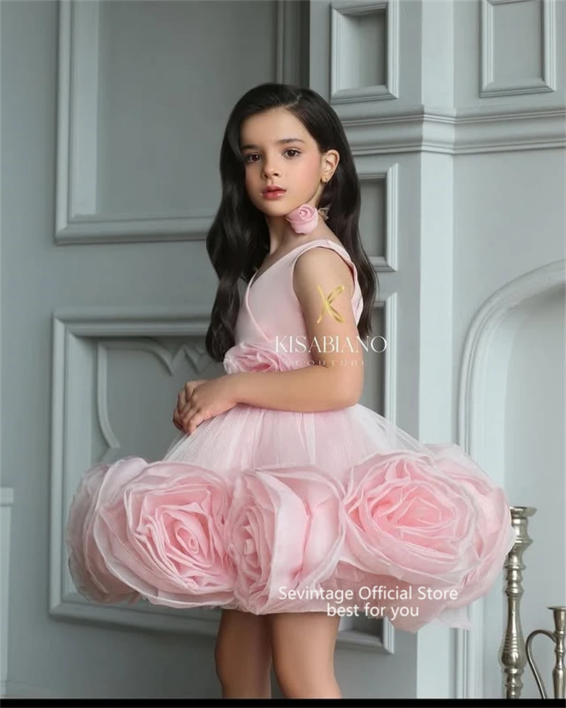 Sevintage Cute Pink Baby Flower Dresses 3D Flowers Sleeveless Birthday Gifts Wedding Dresses For Kids ropa de niña Customized image 3