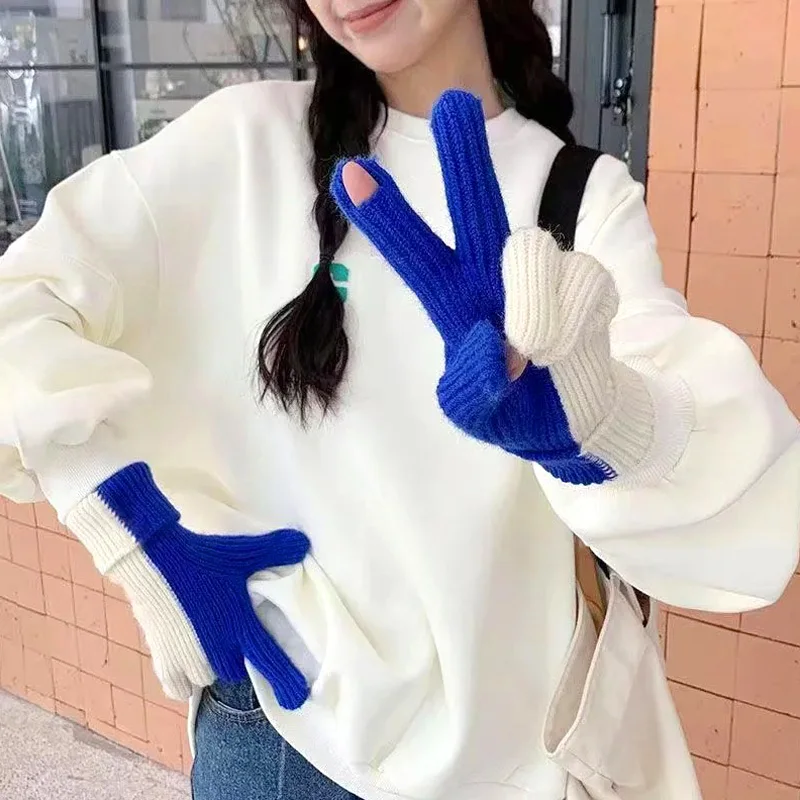 

Winter Fashion Knitted Gloves Touch Screen High Quality Cotton Thickened Warm Cashmere Women's Dual Color Gloves