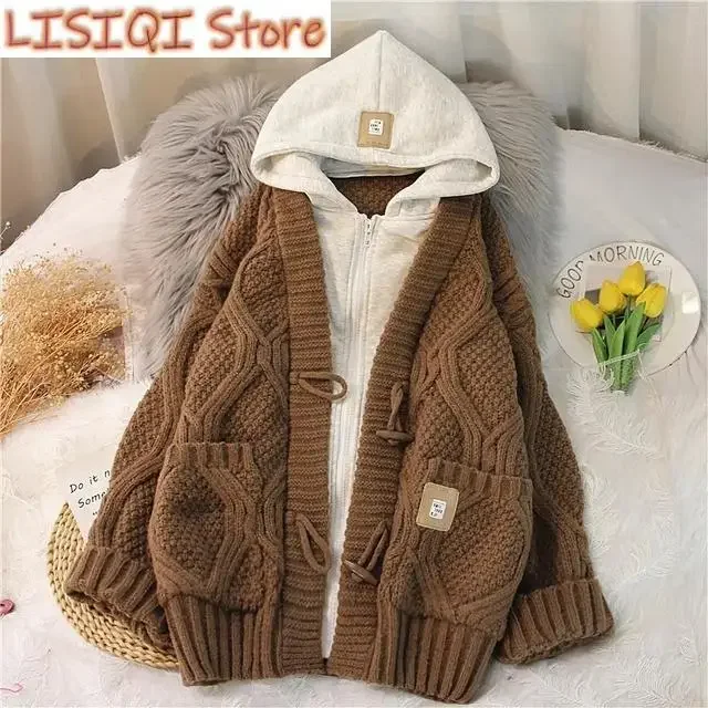 

New Brown Zippers Hooded Twists Thick Acrylic Knitted Long Sleeve Loose Women's Sweater Korean Fashion Pullover Sweaters Winter