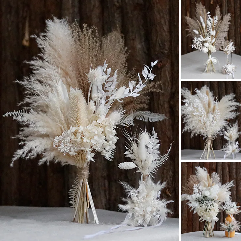 Fluffy Pampas Dried Flowers Bouquet Bridal Wedding Bouquet Mini Bouquet Boutonnieres Wrist Flower Wedding Party Decoration