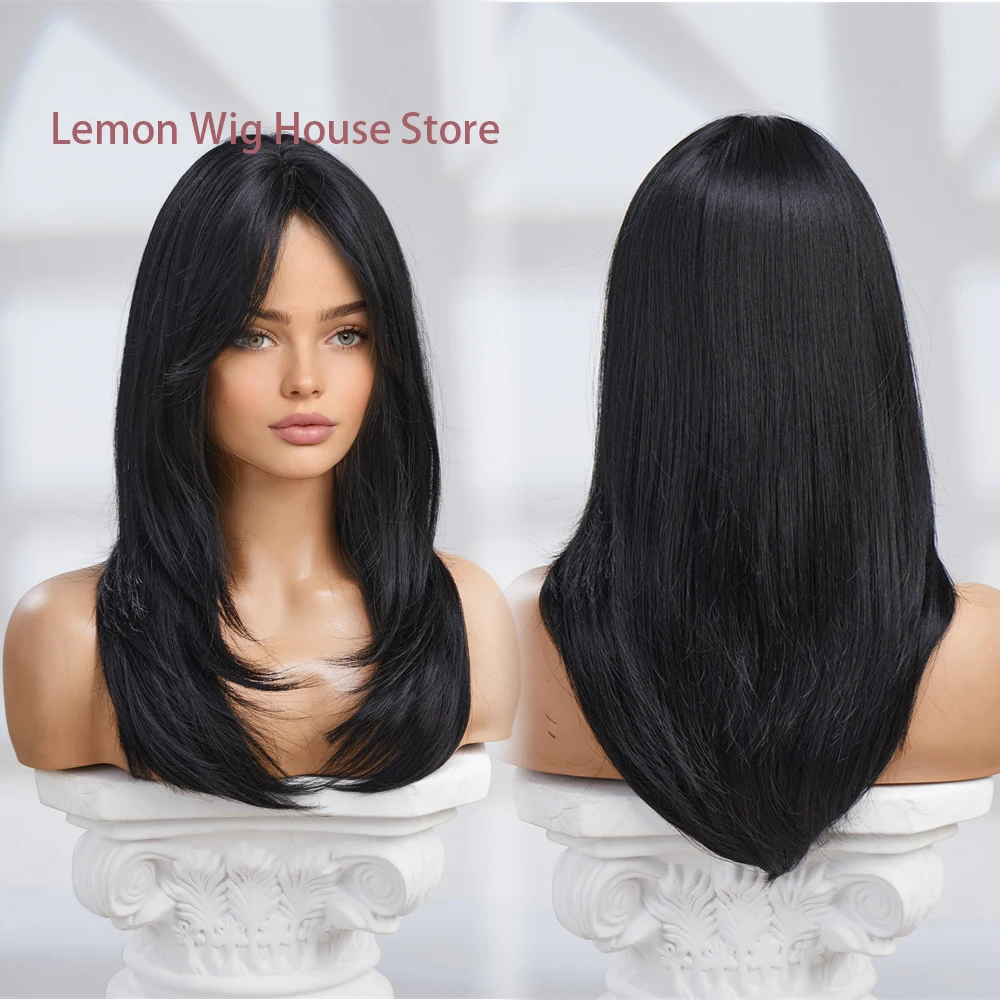 

Black Wig for Women Daily Party Medium Long Straight Hair Natural Layered Synthetic Wig High Quality Fiber Wig Heat Resistant