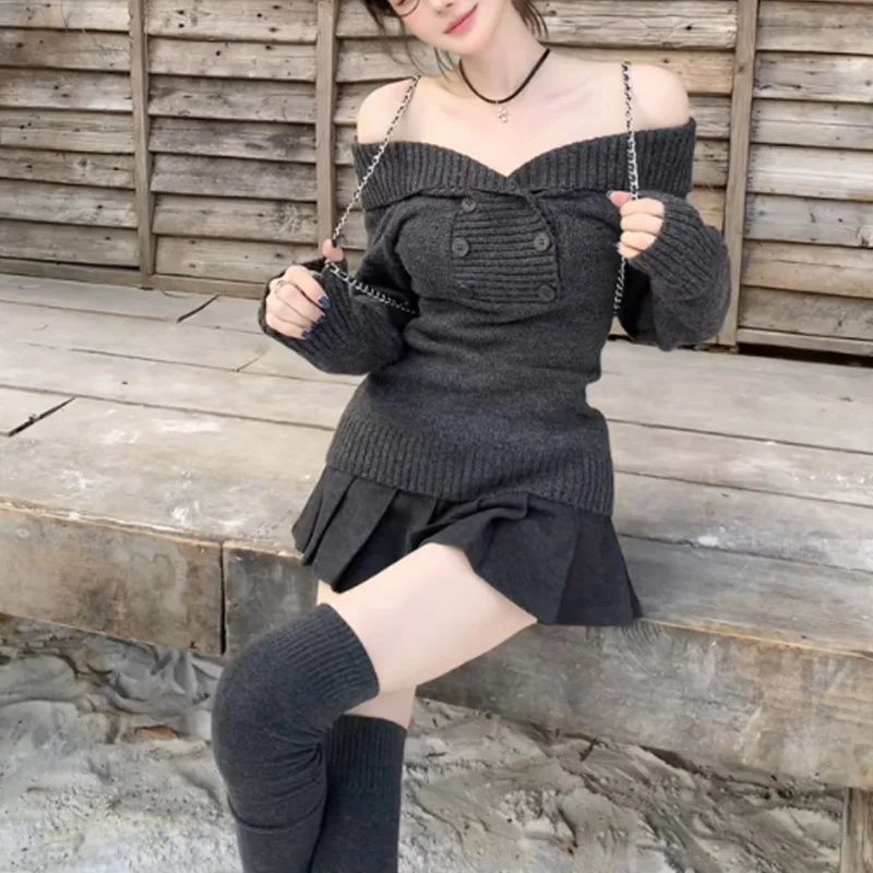 

Серый свитер на одно плечо с пуговицами, женский, приталенный, с открытым плечом, в корейском стиле, осенне-зимний, стильный, тонкий