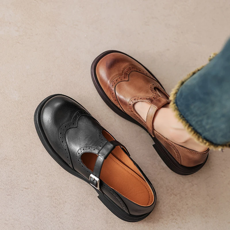 

Loafers Women Suede Brogue Detailing T-Bar Platform Soft Sole Flat Dress Casual Shoes