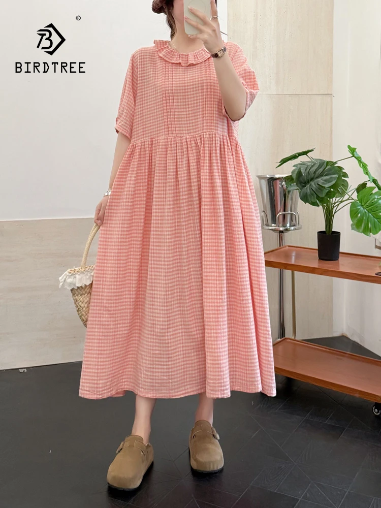 

Новое летнее женское хлопковое платье 2026 года с коротким рукавом, в клетку с оборками, в стиле Mori Girl, модное, в стиле преппи, свободное, А-силуэт, D64388CC