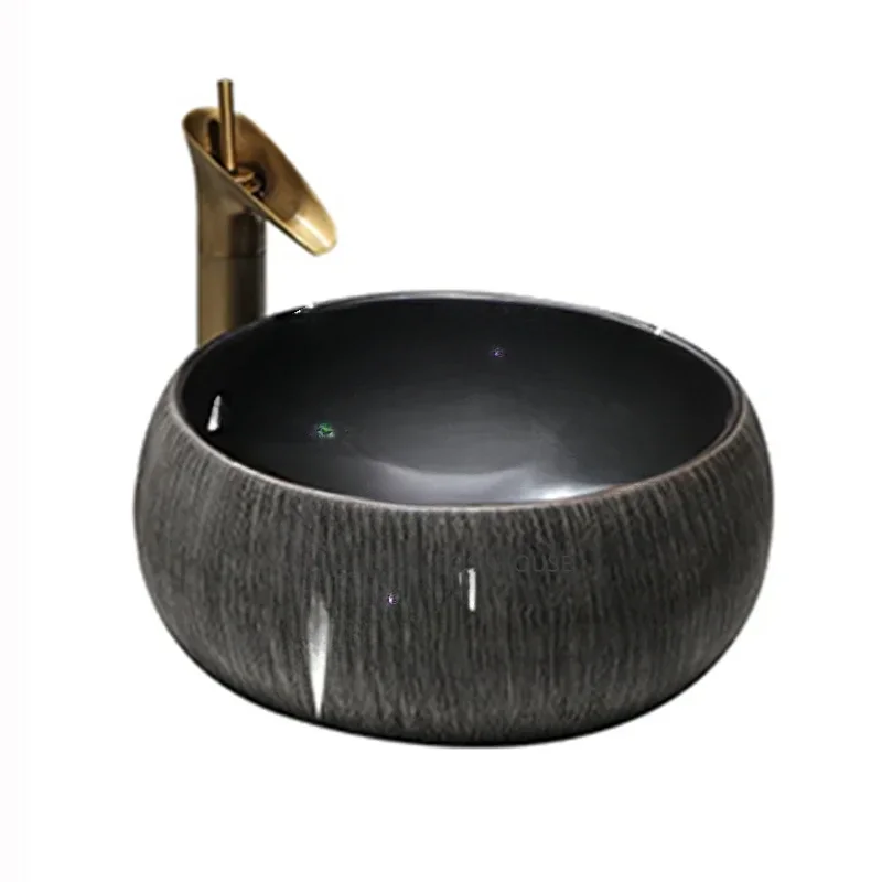 Vintage Black Ceramics Bathroom Sink Bathroom Fixture Outdoor Countertop Sink Creative Personality Art Beauty Salon Washbasin