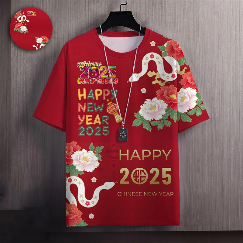 

Футболка Year Of Snake для мужчин с 3D принтом, китайский Новый год, милый змеиный узор, топы с короткими рукавами, модные повседневные женские футболки