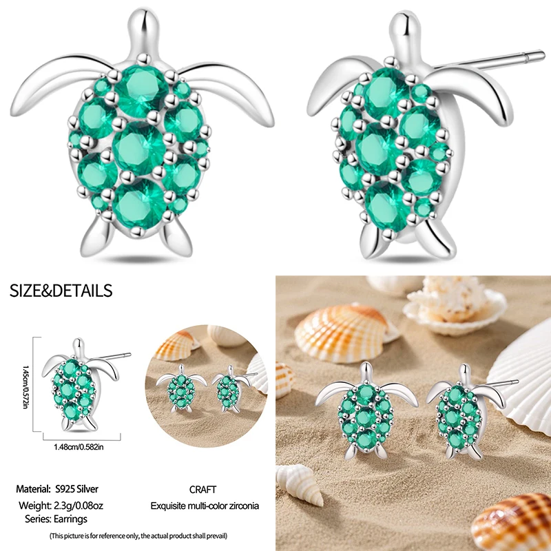 Original Earrings 925 Silver Ocean Theme Shell Turtle Hoop Earrings Ear Studs Green Zircon Making Jewelry for Women Girl Party