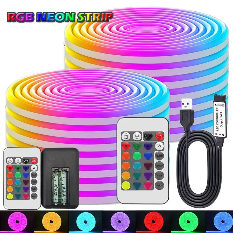USB Neon LED Strip Light Flexible Colour Changing Lights with Remote 5V Neon Rope Lights USB Powered Cuttable Neon Rope Light