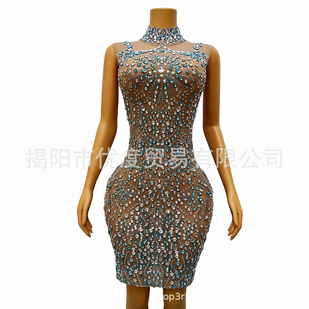 

2026 Shining Rhinestone Mesh Yarn High-end Temperament Birthday Dress Reception Party Night Performance Short Skirt Flower Stand
