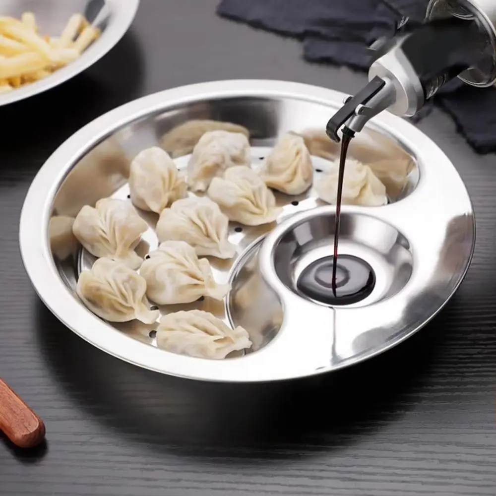 

Stainless Steel Dumpling Plate Thickened Round Draining Serving Dish with Vinegar Dish Double Layer Dipping Sauce Compartment