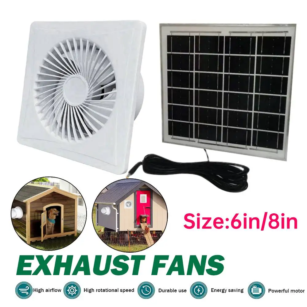 6/8inch Exhaust Fan 12V Solar Power Fan Easy Installation Free Solar Energy Optimal Air Circulation for Kitchen Bathroom Chicken