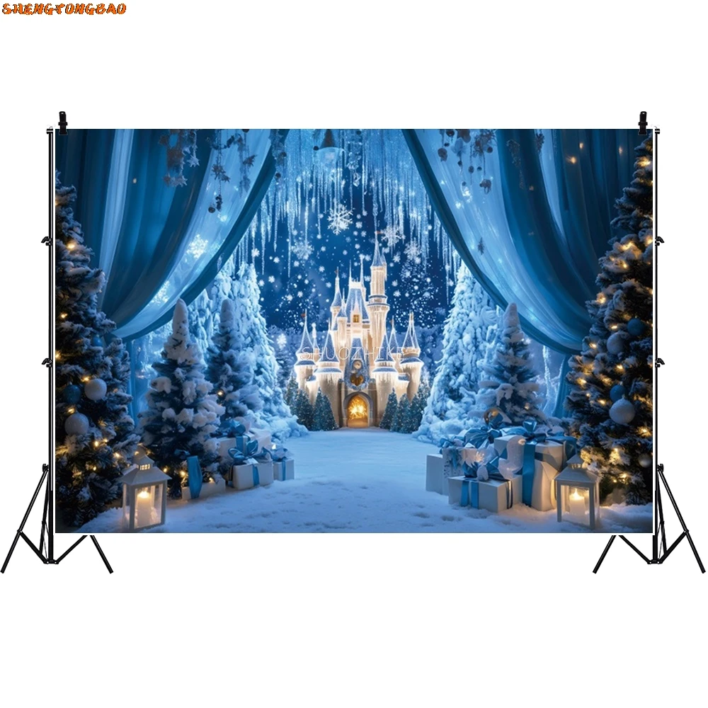 겨울 성 사진 배경 숲 얼음 냉동 세계 겨울 원더랜드 파티 크리스마스 트리, 아기 생일 사진 배경