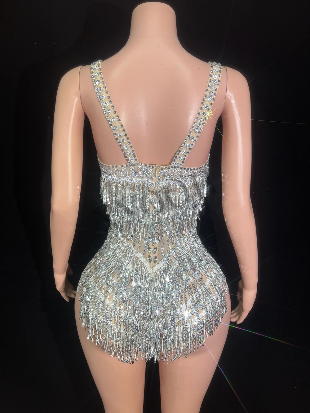 Sparkly Rhinestones Sequins Tassel Bodysuit for Women Sexy See Through Performance Dance Costume Singer Dancer Stage Wear image 3