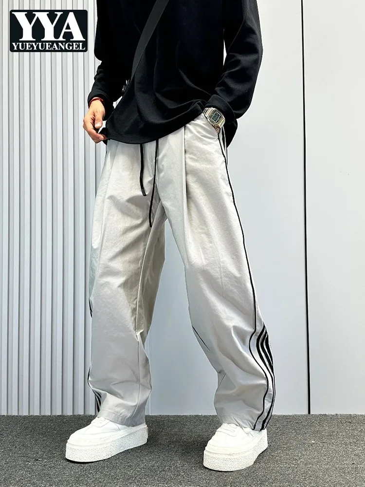 

Модные мужские спортивные штаны на шнурке, свободная уличная одежда, Harajuku, новинка весны и осени, прямые брюки в стиле хип-хоп, мужские полосатые брюки