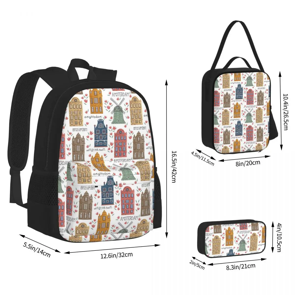 Amsterdam. Seamless Pattern With Old Historic Buildings Backpacks Bookbag School Bags Rucksack Lunch Bag Pen Bag Three-Piece Set