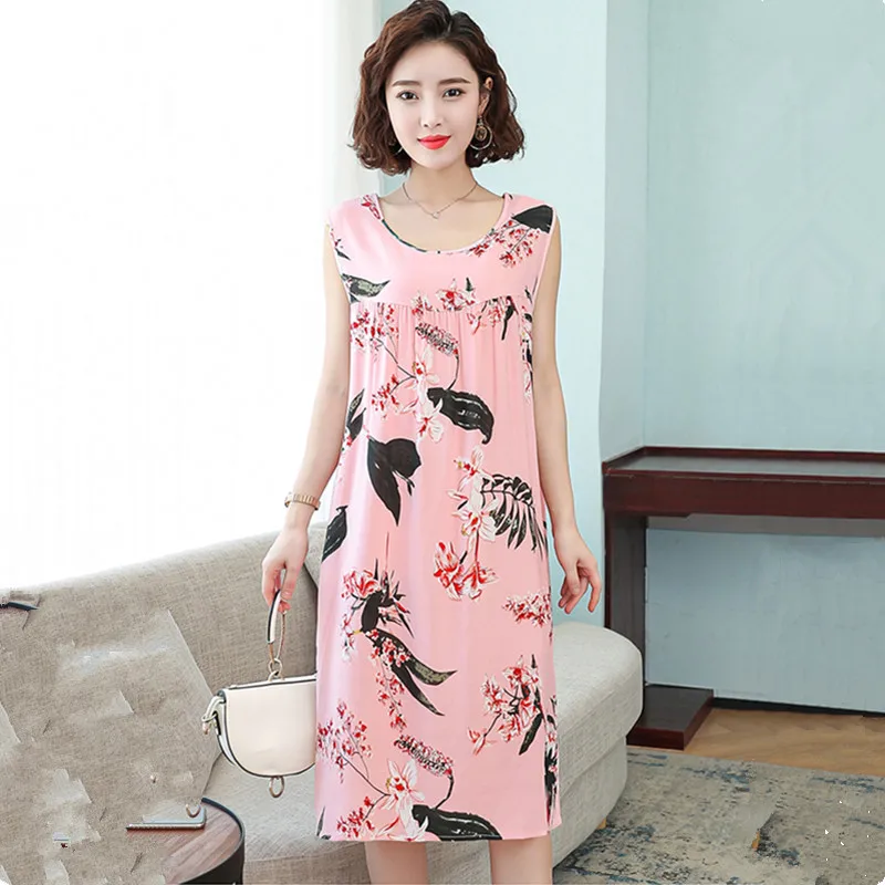 UHYTGF WomenSummer Nightdress Sleeveless Pullover Printed Cotton Silk Dress Female Middle-Aged Elderly Home Clothes Pajamas 2391