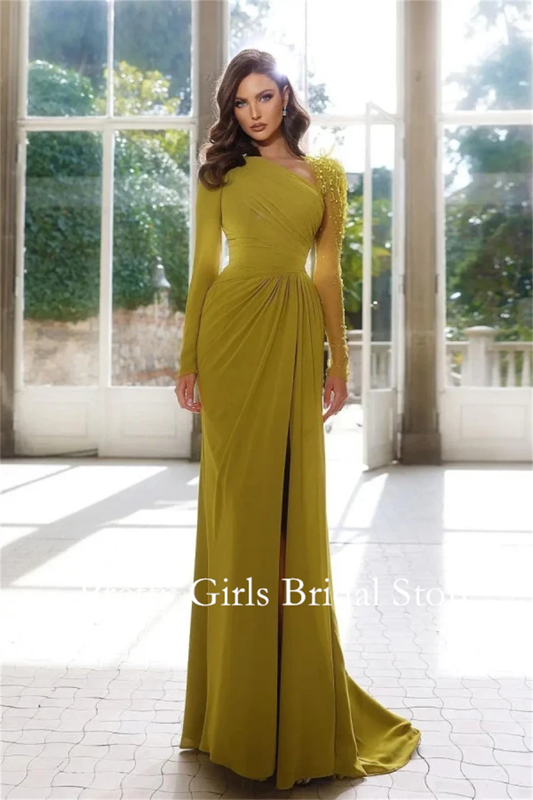 Elegant Long Sleeve Yellow Chiffon Prom Dress with Asymmetric Pleated Slit Customized Formal Prom Growns Party Women Bride