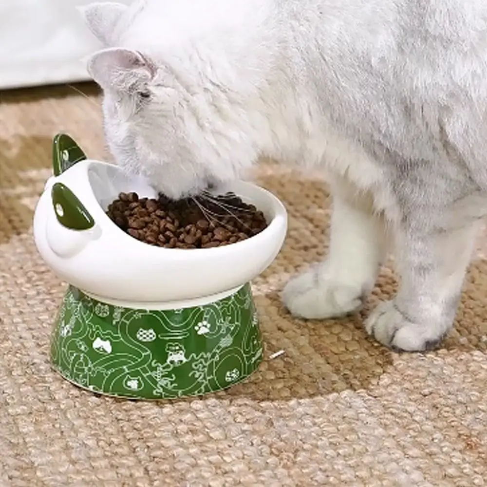 

Cute Ceramic Cat Bowl Non-slip Large Capacity Pet High Foot Bowl Anti Overturning with Cat Ear Spoon Pet Drinking Feeder