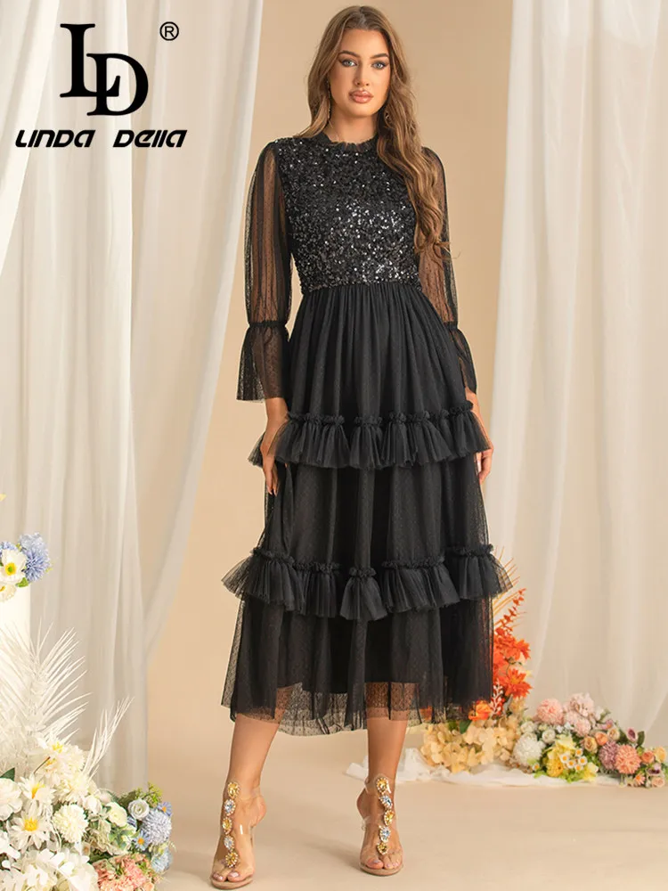 LD LINDA DELLA Women's Fashion Ball Gown Dress High waist Mesh Sequins Flounced Edge Flare Sleeved Elegant Dresses