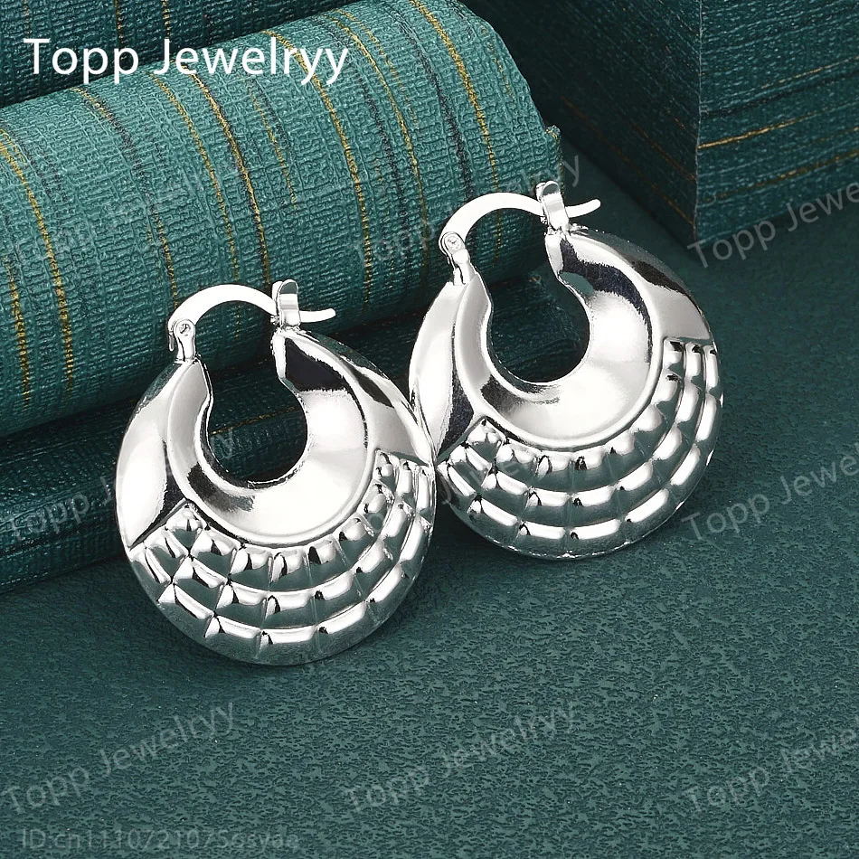 

925 Sterling Silver Delicate Checkered Round Clip-on Earrings - Stylish Women's Wedding Party Gift Jewelry Accessories