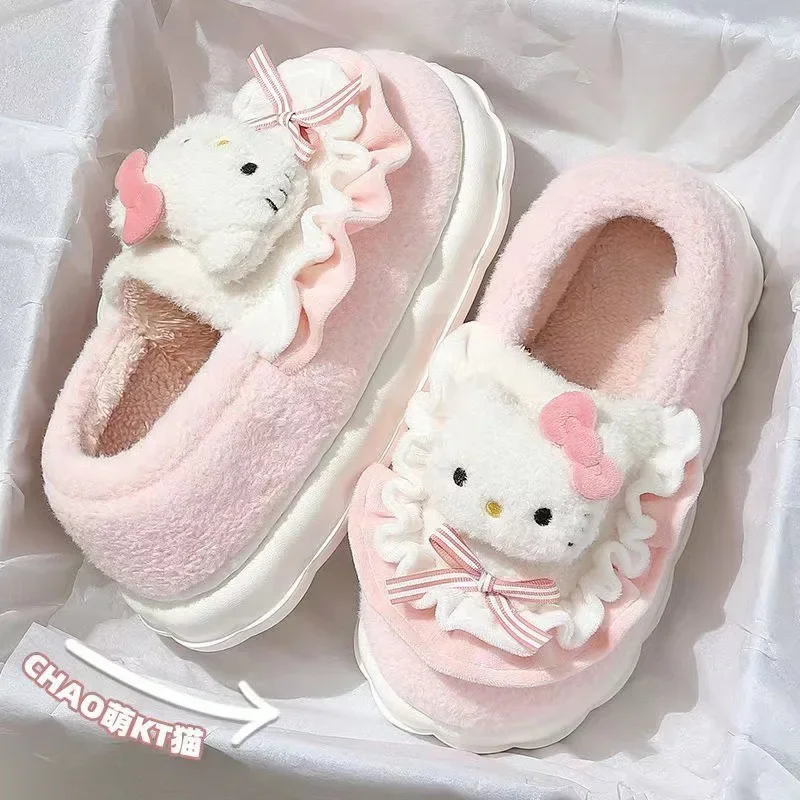 Sanrio  Hello Kitty Kuromi Cotton Slippers Cartoon Cute Winter Indoor Home Slippers Thick Sole Keep Warm Cotton Shoes