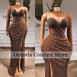 Aso Ebi Brown O Neck Evening Dresses Black Girl Bead Crystal 2024 Birthday Luxury Dress Sequin Split Formal Gown With Sleeve