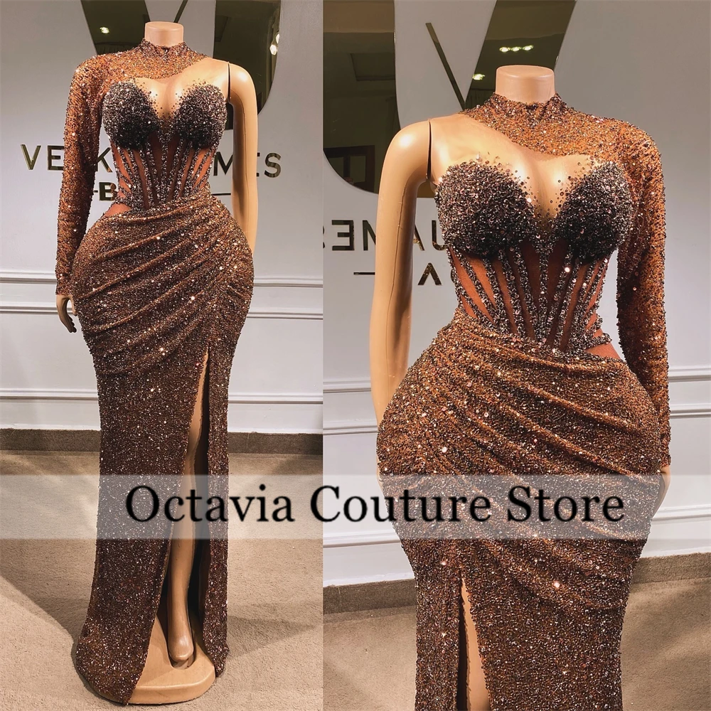 Aso Ebi Brown O N Evening Dresses Black Girl Bead Crystal 2024 Birthday Luxury Dress Sequin Split Formal Gown Sleeve Customzied