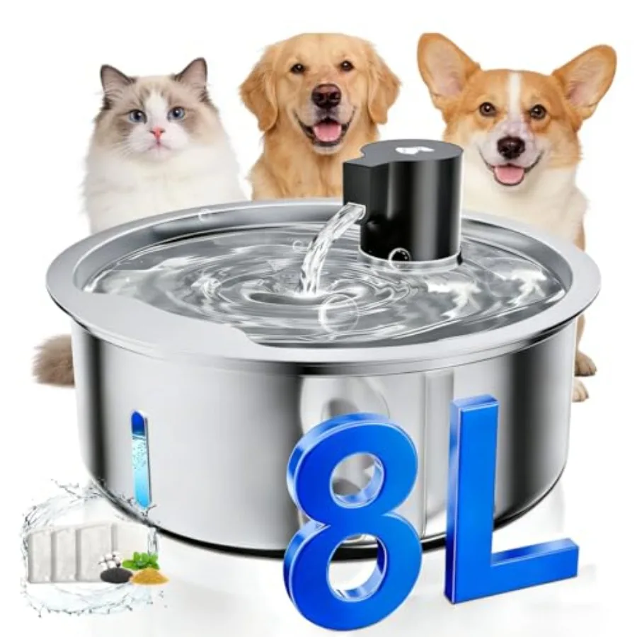 

Dog Water Fountain for Large Dogs, Stainless Steel, Silver, 8L Capacity with Super Quiet Pump and 3 Replacement Filters