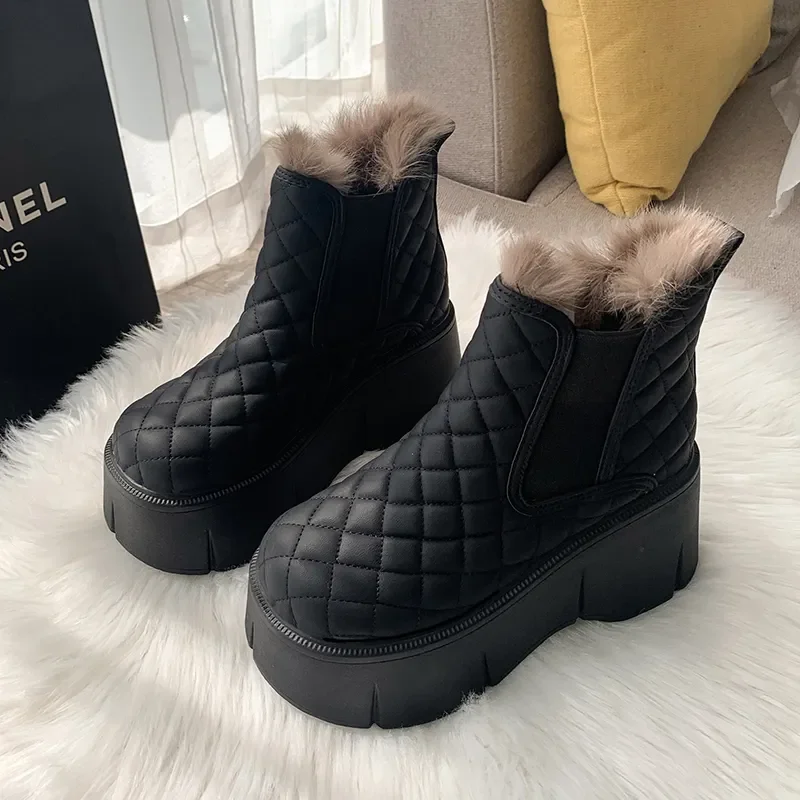 Botas de neve de sola grossa para mulheres, calçados esportivos de pelúcia, prova quente e fria, top alto, moda feminina, inverno