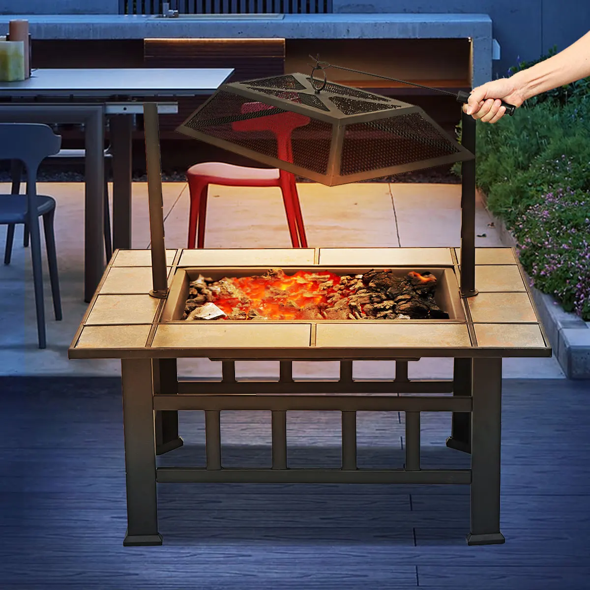 6 Sizes Metal Fire Pit with Mesh Cover Fire Poker Charcoal BBQ Grill Garden Patio Firewood Heating Stove Outdoor Campfire Basin