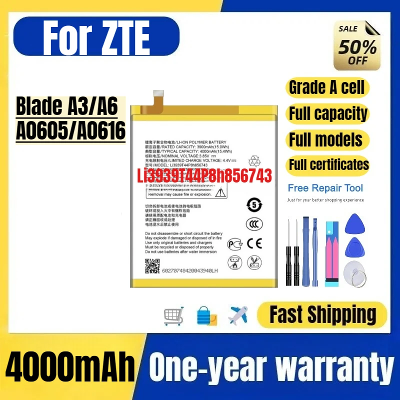 

Li3939T44P8h856743 for ZTE Blade A3/A6 A0605/A0616 Mobile Phone Battery High Quality Replacement Bateria Grade A Cell with Tools