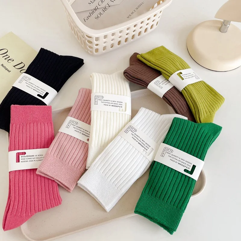 

8 Pairs Autumn Winter Mid Length Socks Japanese Multi-color Sports Solid Color Girl School Socks Fashion Cotton Socks Wholesale
