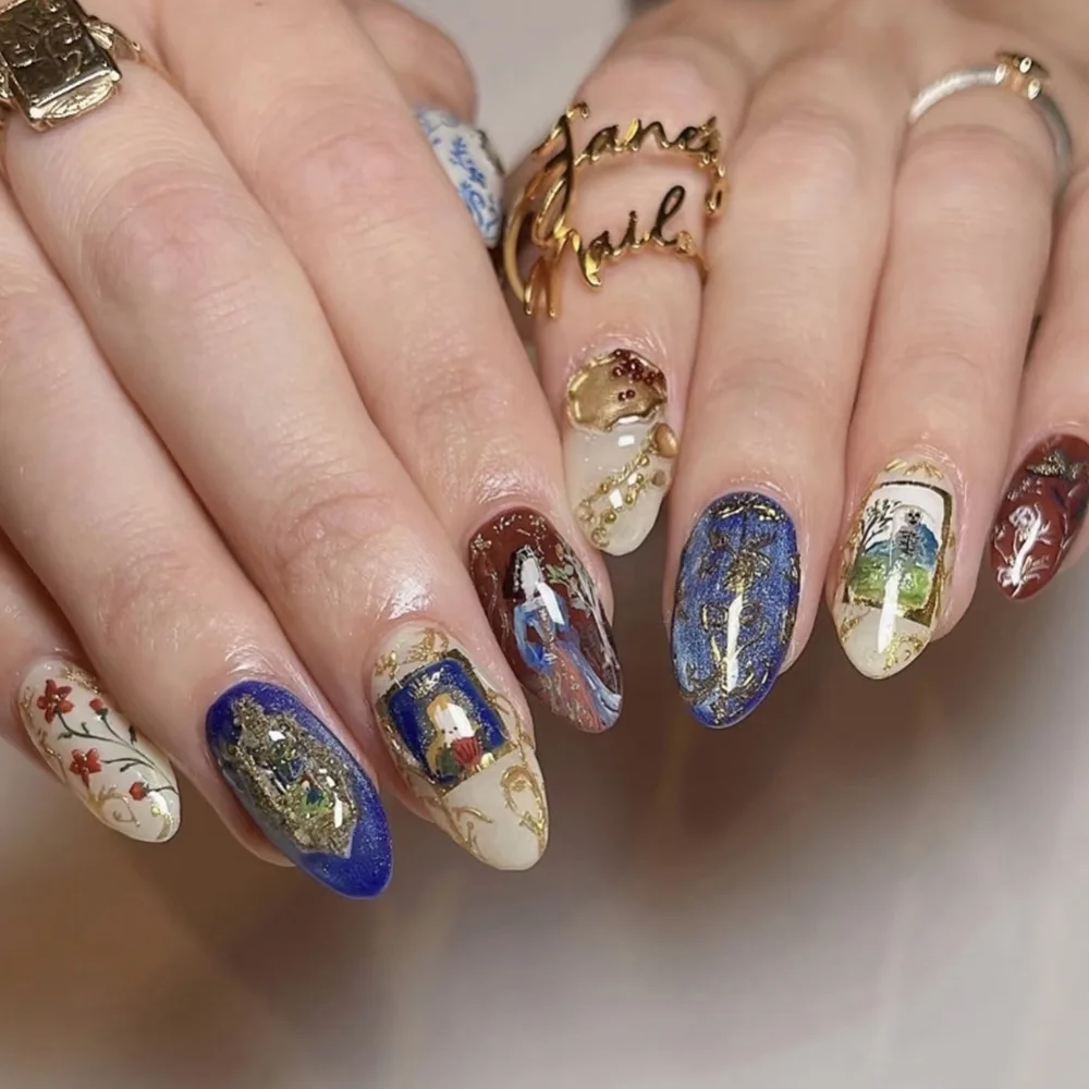 

24PCS Golden Flowers Almond Press on Nails Baroque Oil Painting French Fake Nails for Women Wearable False Nails Manicure Patch