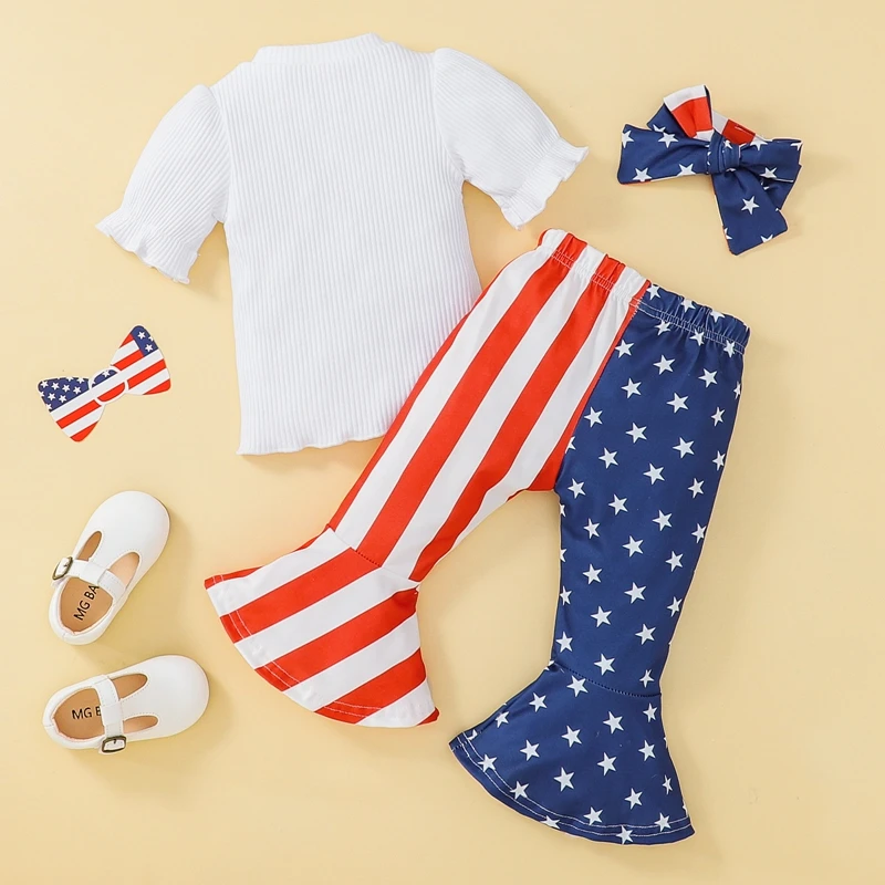 

Girls Three Pieces Clothes Outfit Letter Printed Short Sleeve Ribbed Tops Stripe Stars Printed Flare Pants Headband