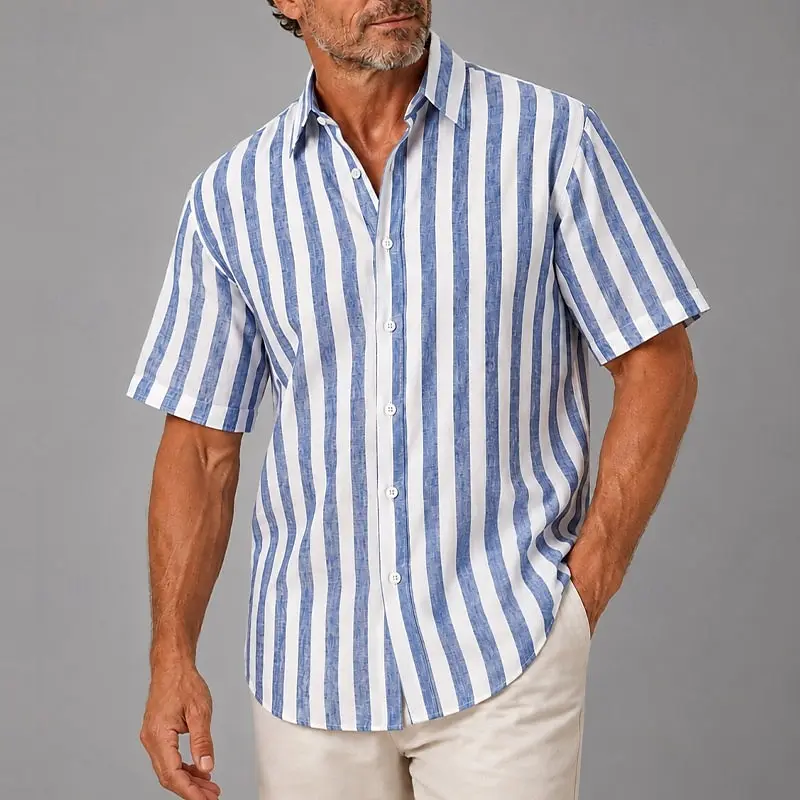 Men's Pink White Vertical Stripe Button Down Shirt, Casual Tops For Spring Summer Daily Wear & Vacation Occasions