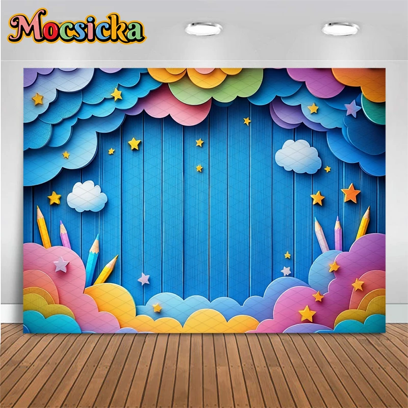 Mocsicka ブルーウッドボード背景写真撮影児童学生ハッピーバースデー背景カラフルなペンクラウドスター装飾バナー