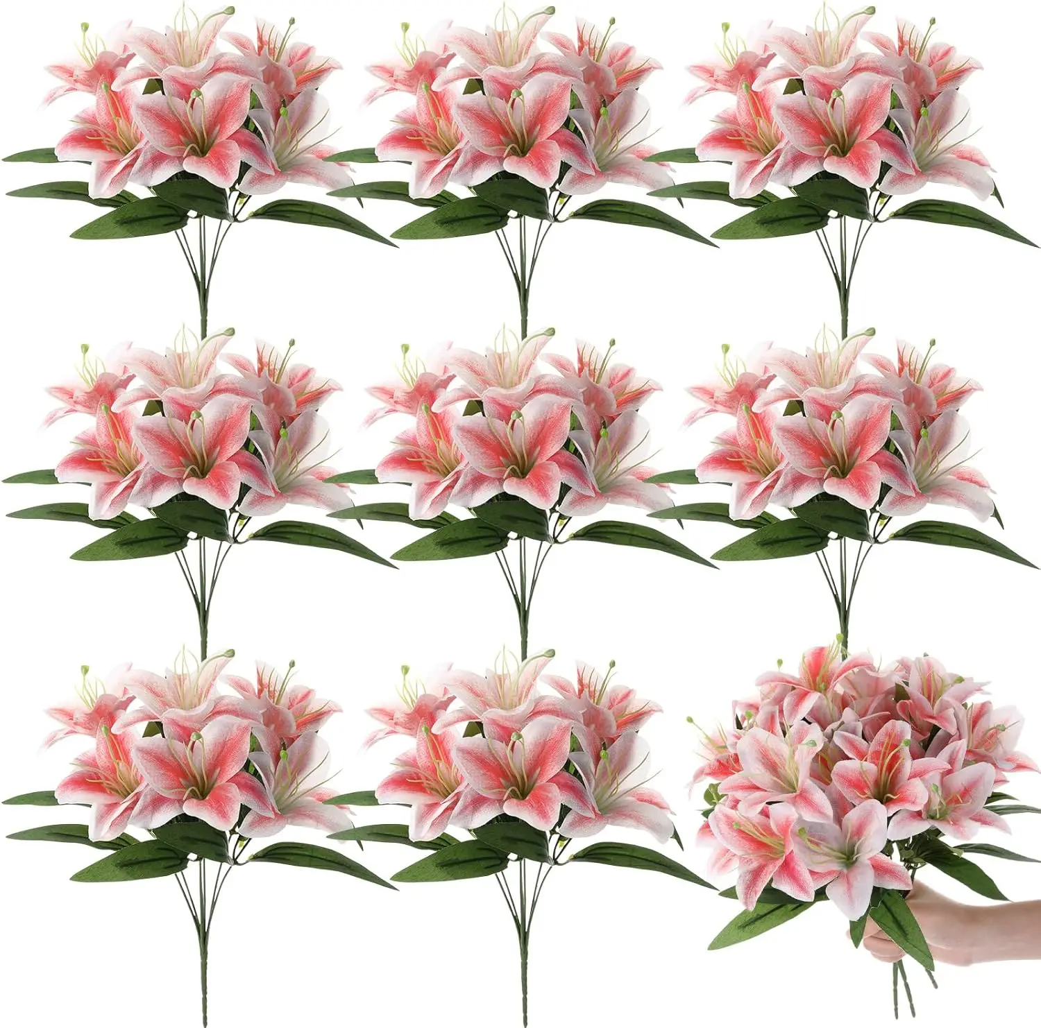

8 Pcs Artificial Tiger Lily Bouquets, Silk Faux Easter Lilies with 7 Heads, Realistic Spring Flowers for Wedding Centerp